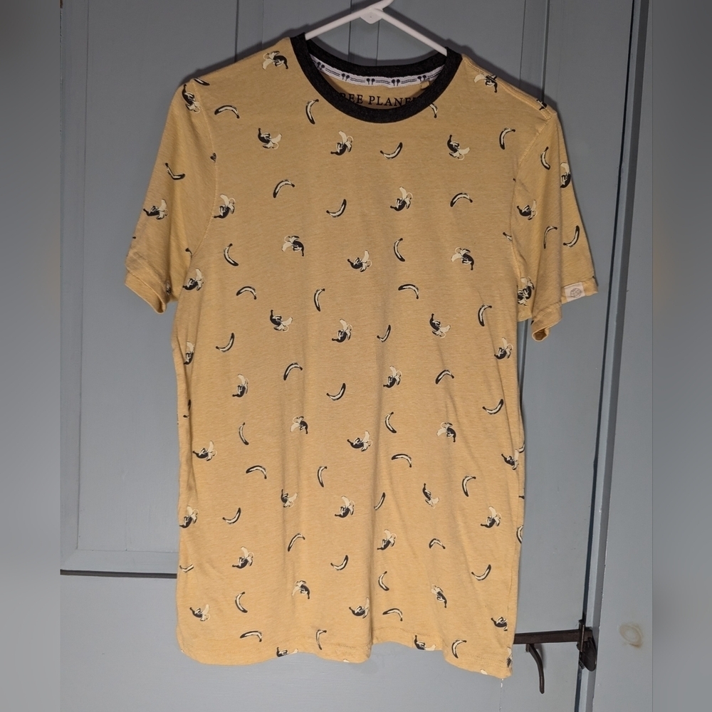 💛 Free Planet T shirt S bananas peeled print Butter yellow black cotton unisex